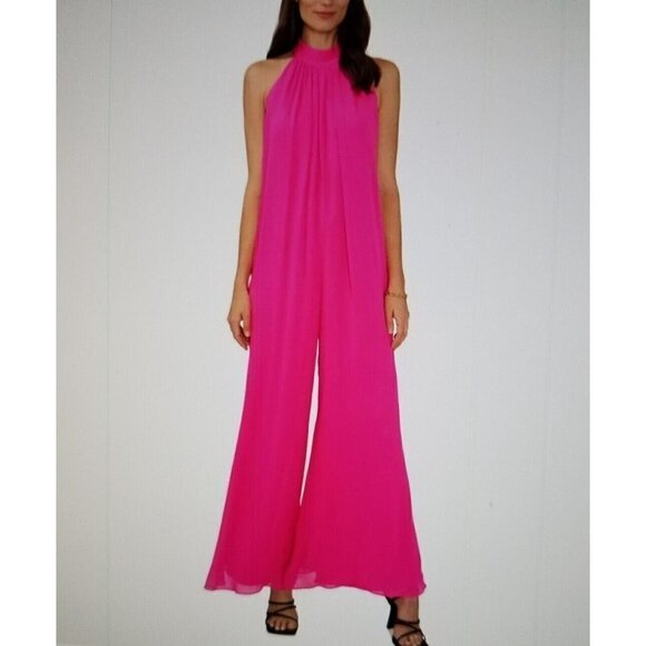 VINCE CAMUTO Halter Neckline Wide Leg Hot Pink Chiffon Jumpsuit Women's Size M - Picture 1 of 11